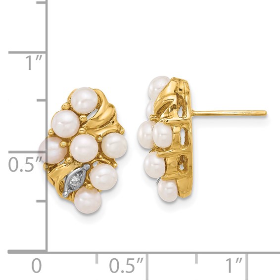 14k 3-4mm White Button Freshwater Cultured Pearl and .02 Carat Diamond Post Earrings