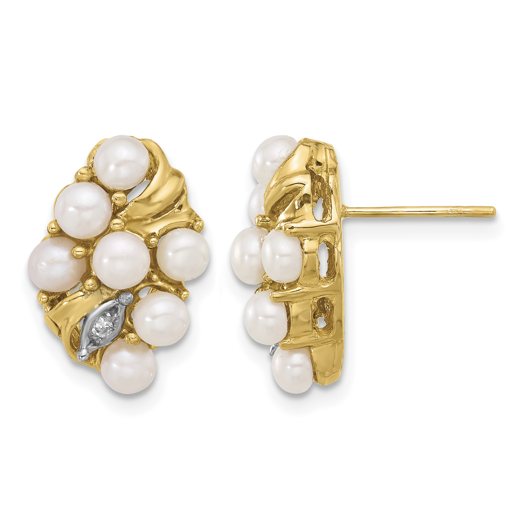 14k 3-4mm White Button Freshwater Cultured Pearl and .02 Carat Diamond Post Earrings (XF852E)