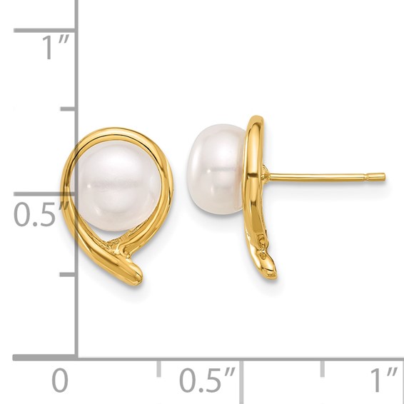 14K 7-8mm Button White Freshwater Cultured Pearl Post Earrings