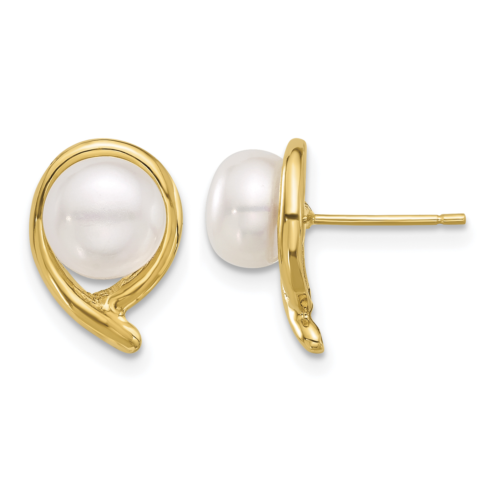 14K 7-8mm Button White Freshwater Cultured Pearl Post Earrings (XF856E)