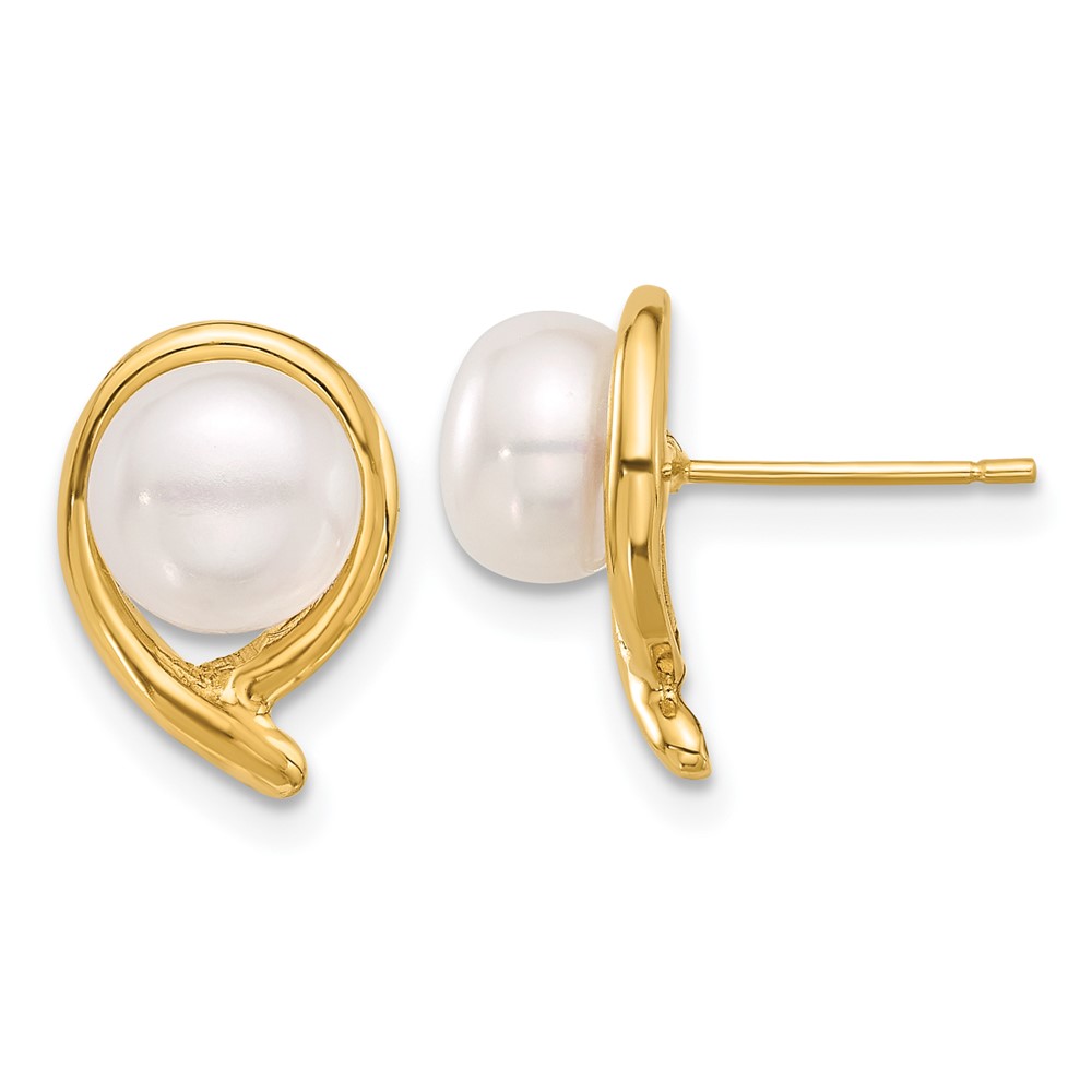 14K 7-8mm Button White Freshwater Cultured Pearl Post Earrings