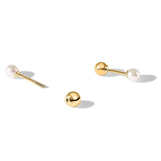 14k 3-4mm Round Freshwater Cultured Pearl Front and Back Ball Post Screwback Earrings