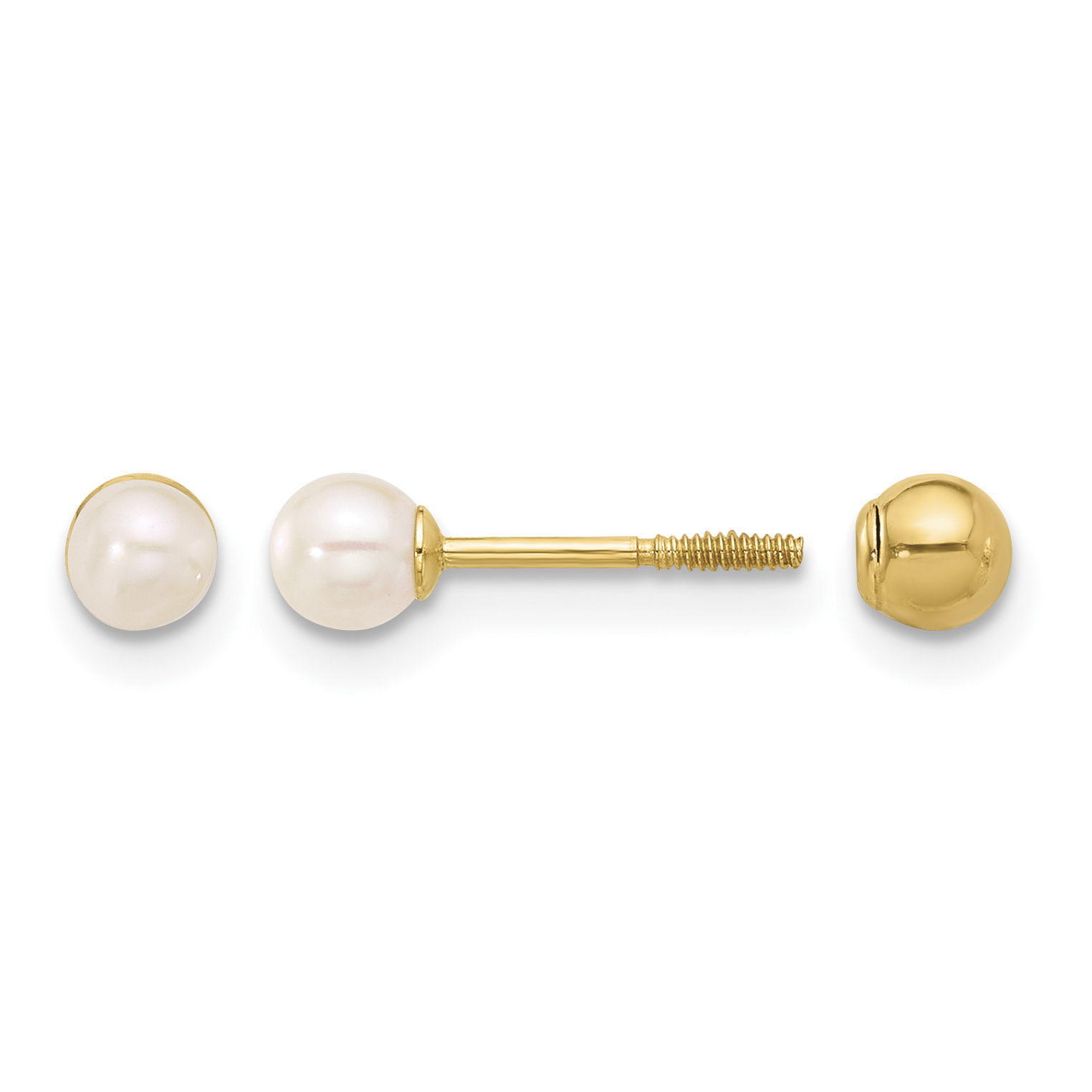 14k 3-4mm Round Freshwater Cultured Pearl Front and Back Ball Post Screwback Earrings (XF858E)