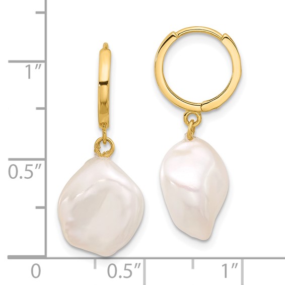 14K 11-12mm White Keshi Freshwater Cultured Pearl Dangle Hinged Hoop Earrings