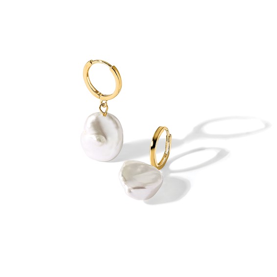 14K 11-12mm White Keshi Freshwater Cultured Pearl Dangle Hinged Hoop Earrings