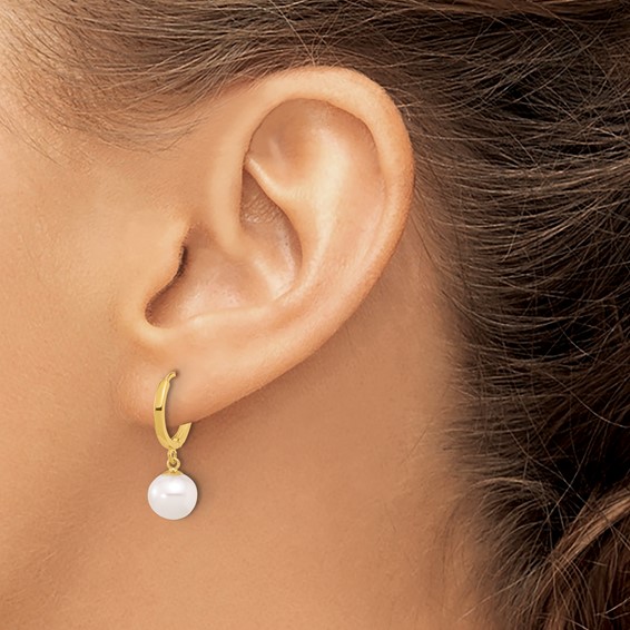 14k 7-8mm White Round Freshwater Cultured Pearl Dangle Hinged Hoop Earrings