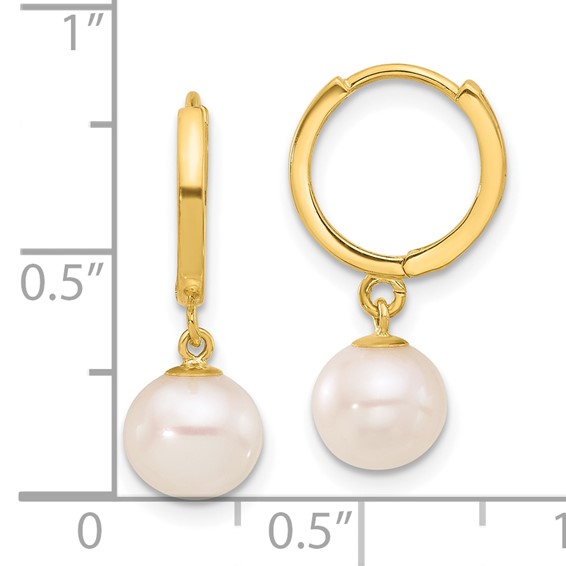14k 7-8mm White Round Freshwater Cultured Pearl Dangle Hinged Hoop Earrings