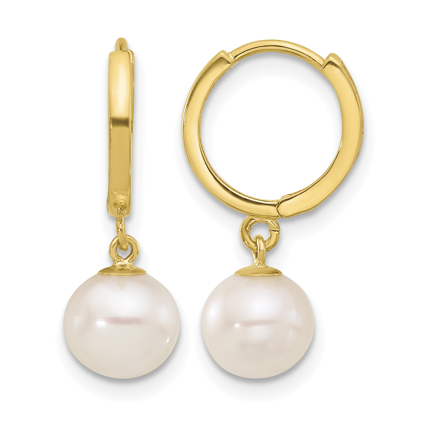 14k 7-8mm White Round Freshwater Cultured Pearl Dangle Hoop Earrings (XF861E)