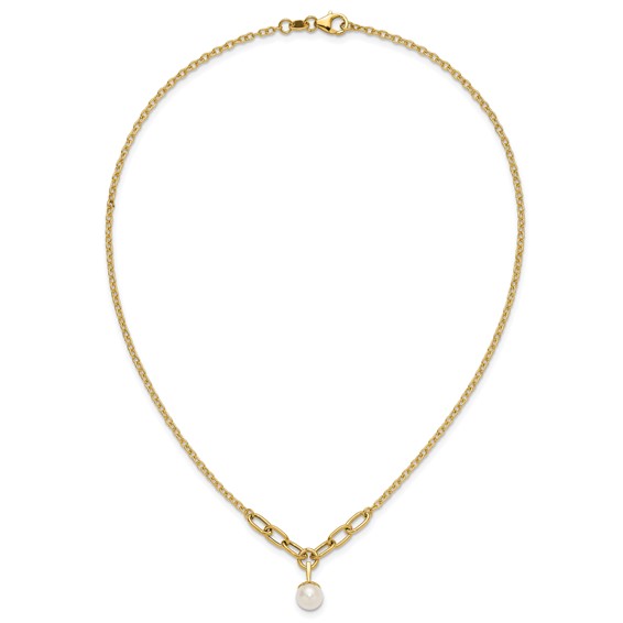 14k Polished 8-9mm Near Round Freshwater Cultured Pearl Dangle 16.75 inch Necklace