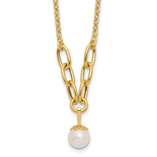 14k Polished 8-9mm Near Round Freshwater Cultured Pearl Dangle 16.75 inch Necklace