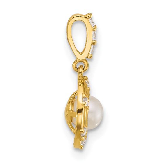 14k Polished and Grooved White Freshwater Cultured Pearl and CZ Circle Pendant