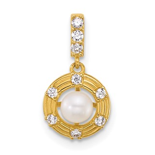 14k Polished and Grooved White Freshwater Cultured Pearl and CZ Circle Pendant