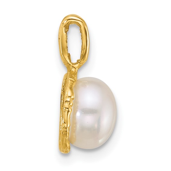 14k Polished 7-8mm Button White Freshwater Cultured Pearl Pendant