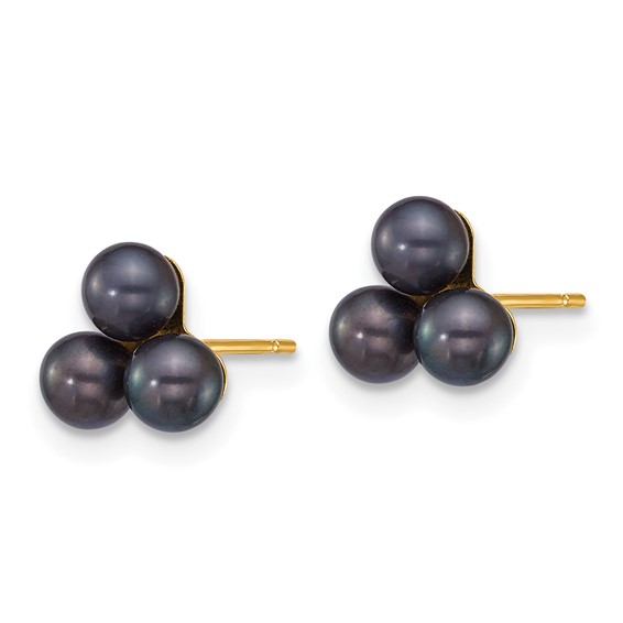 14k Polished 3-4mm Button Black Freshwater Cultured 3-Pearl Post Earrings