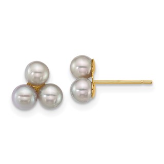 14k Polished 3-4mm Button Grey Freshwater Cultured 3-Pearl Post Earrings