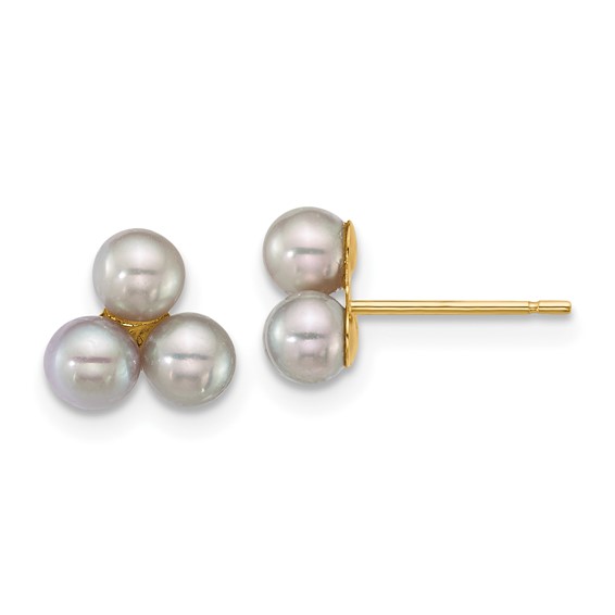14k Polished 3-4mm Button Grey Freshwater Cultured 3-Pearl Post Earrings