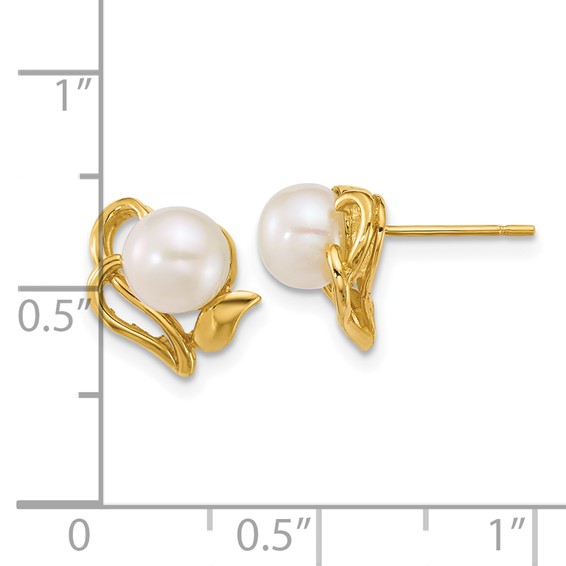 14k Polished 6-7mm Button White Freshwater Cultured Pearl Flower Post Earrings
