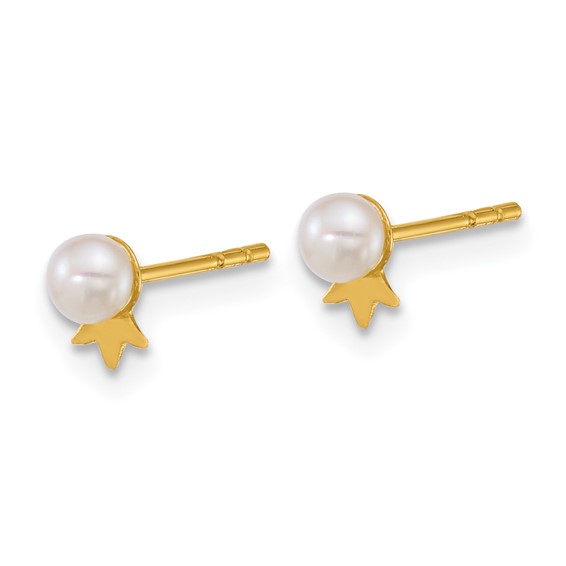14k Polished 3-4mm Round White Freshwater Cultured Pearl with Crown Post Earrings