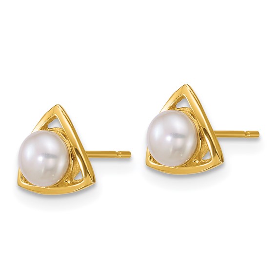 14k Polished 4-5mm Button White Freshwater Cultured Pearl Triangle Post Earrings