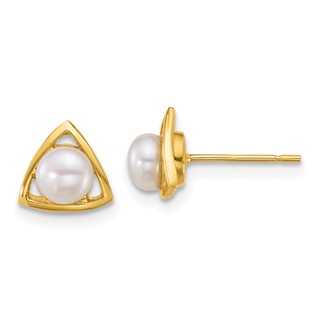 14k Polished 4-5mm Button White Freshwater Cultured Pearl Triangle Post Earrings