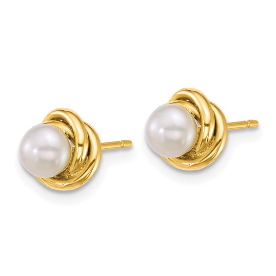 14k Polished 4-5mm Button White Freshwater Cultured Pearl Love Knot Post Earrings