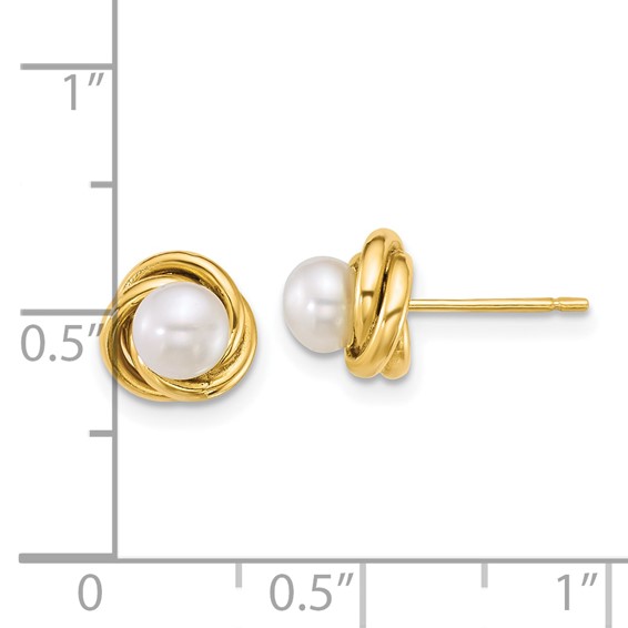 14k Polished 4-5mm Button White Freshwater Cultured Pearl Love Knot Post Earrings