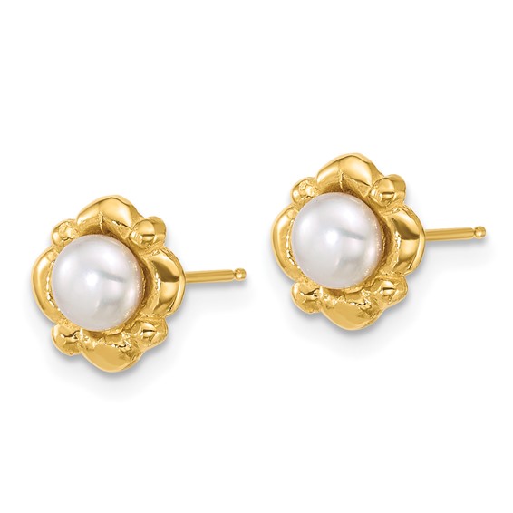 14k Polished 4-5mm Button White Freshwater Cultured Pearl Post Earrings