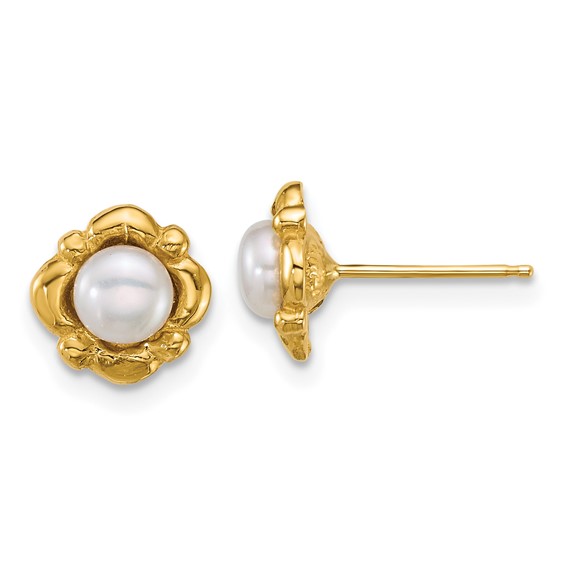 14k Polished 4-5mm Button White Freshwater Cultured Pearl Post Earrings