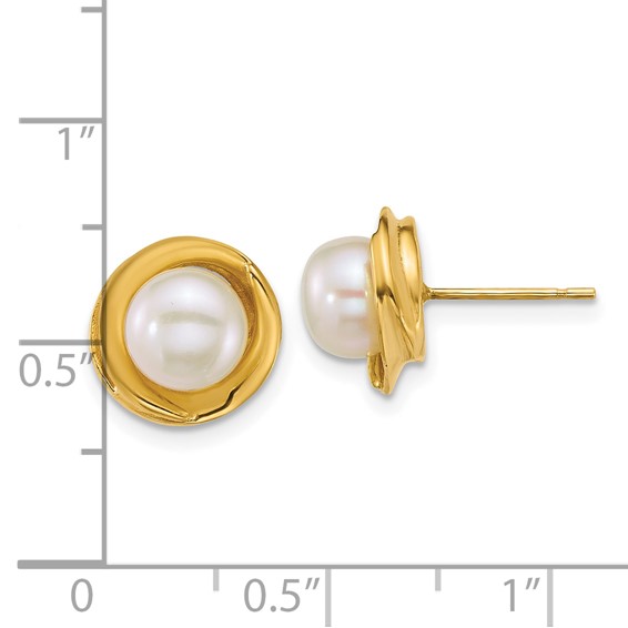 14k Polished 6-7mm Button White Freshwater Cultured Pearl Post Earrings