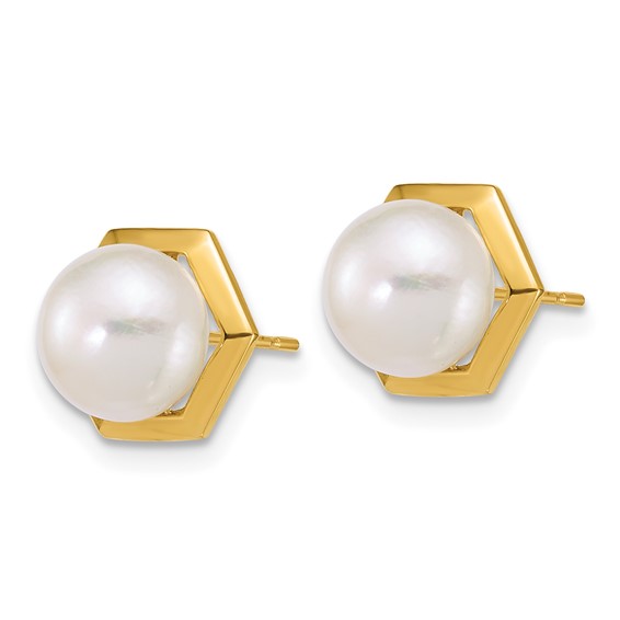 14k Polished 7-8mm Button White Freshwater Cultured Pearl Hexagon Post Earrings