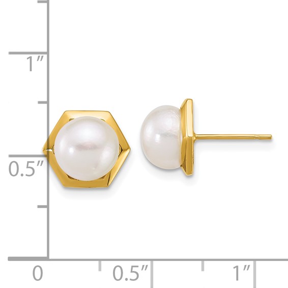 14k Polished 7-8mm Button White Freshwater Cultured Pearl Hexagon Post Earrings