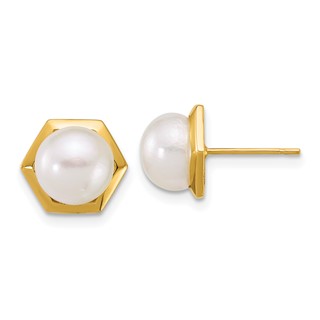14k Polished 7-8mm Button White Freshwater Cultured Pearl Hexagon Post Earrings