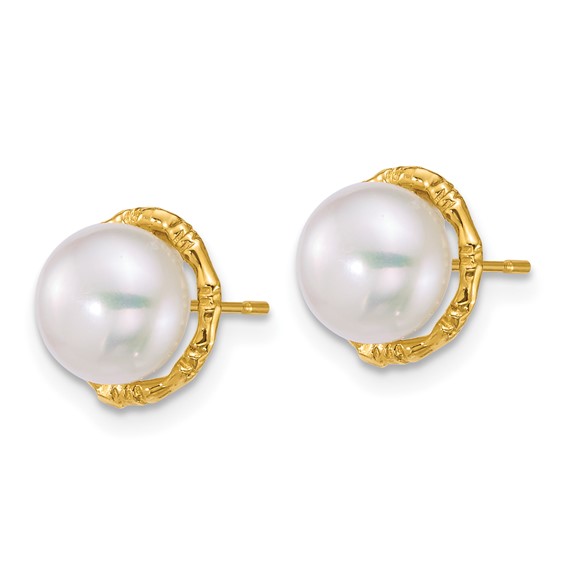 14k Polished and Textured 7-8mm Button White Freshwater Cultured Pearl Post Earrings