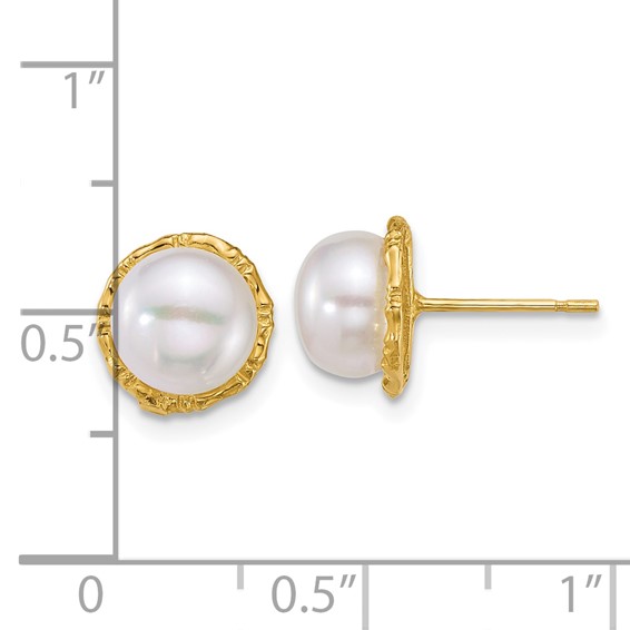 14k Polished and Textured 7-8mm Button White Freshwater Cultured Pearl Post Earrings