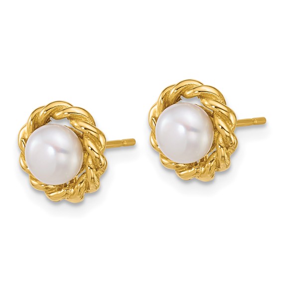 14k Polished 5-6mm Button White Freshwater Cultured Pearl Twisted Edge Post Earrings