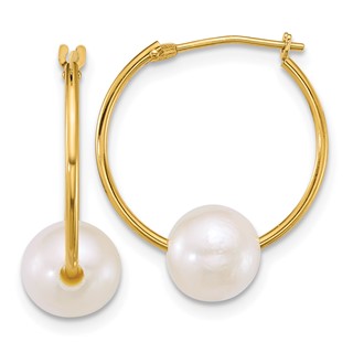 14k Polished 7-8mm Semi-Round White Freshwater Cultured Pearl Hoop Earrings