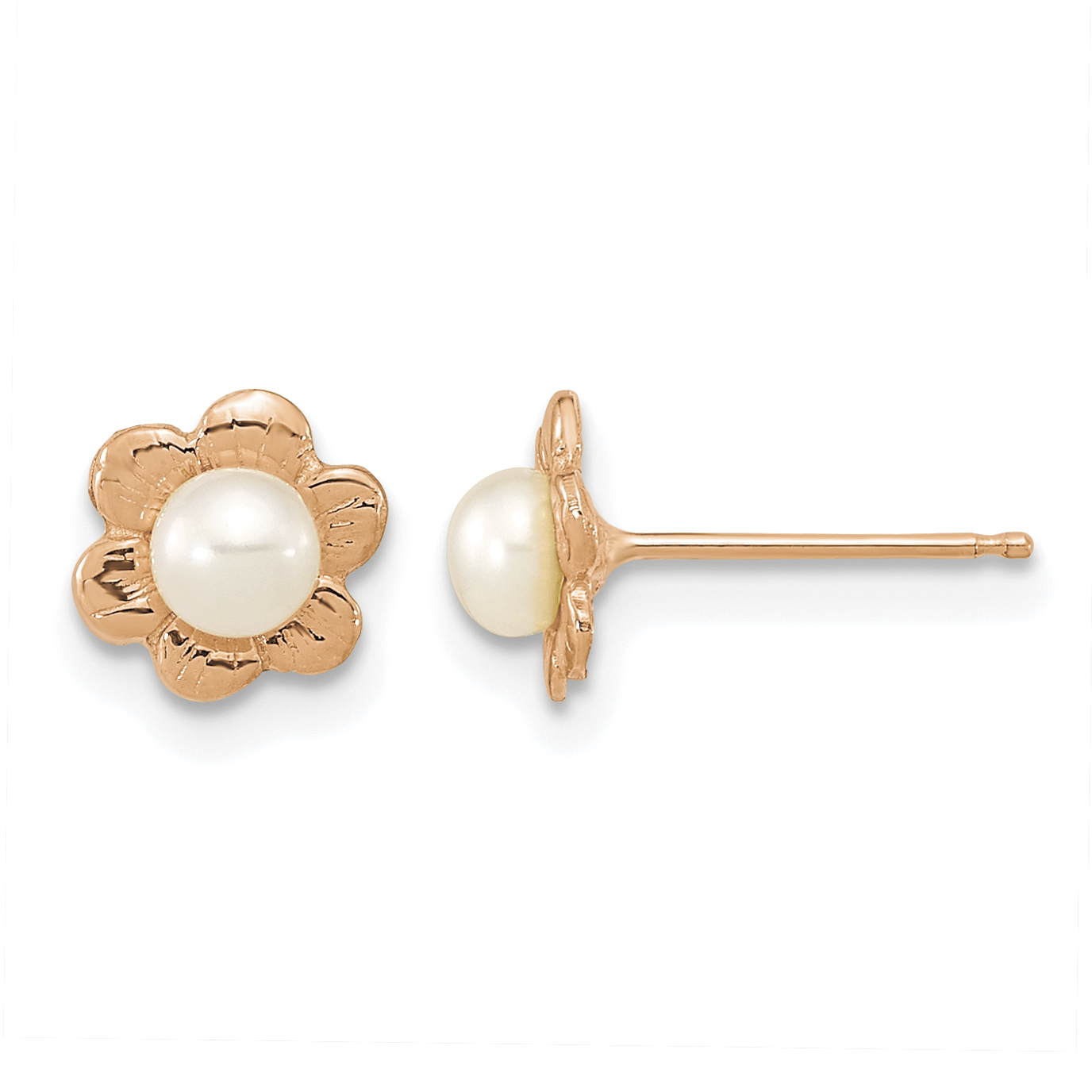 14k Rose Gold 3-4mm White Button Freshwater Cultured Pearl Flower Post Earrings (XFR617E)