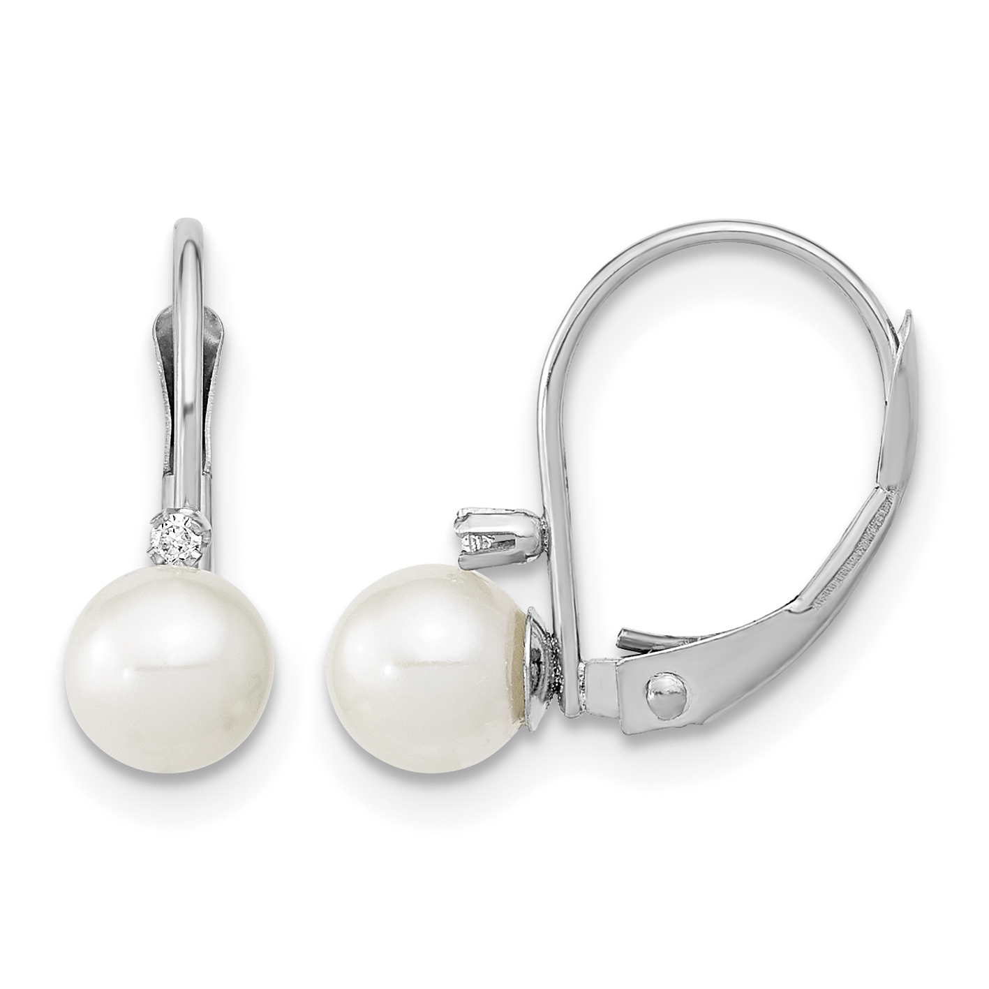 14k White Gold 5-6mm White Round Freshwater Cultured Pearl and .02 Carat Diamond Leverback Earrings (XFW248E)