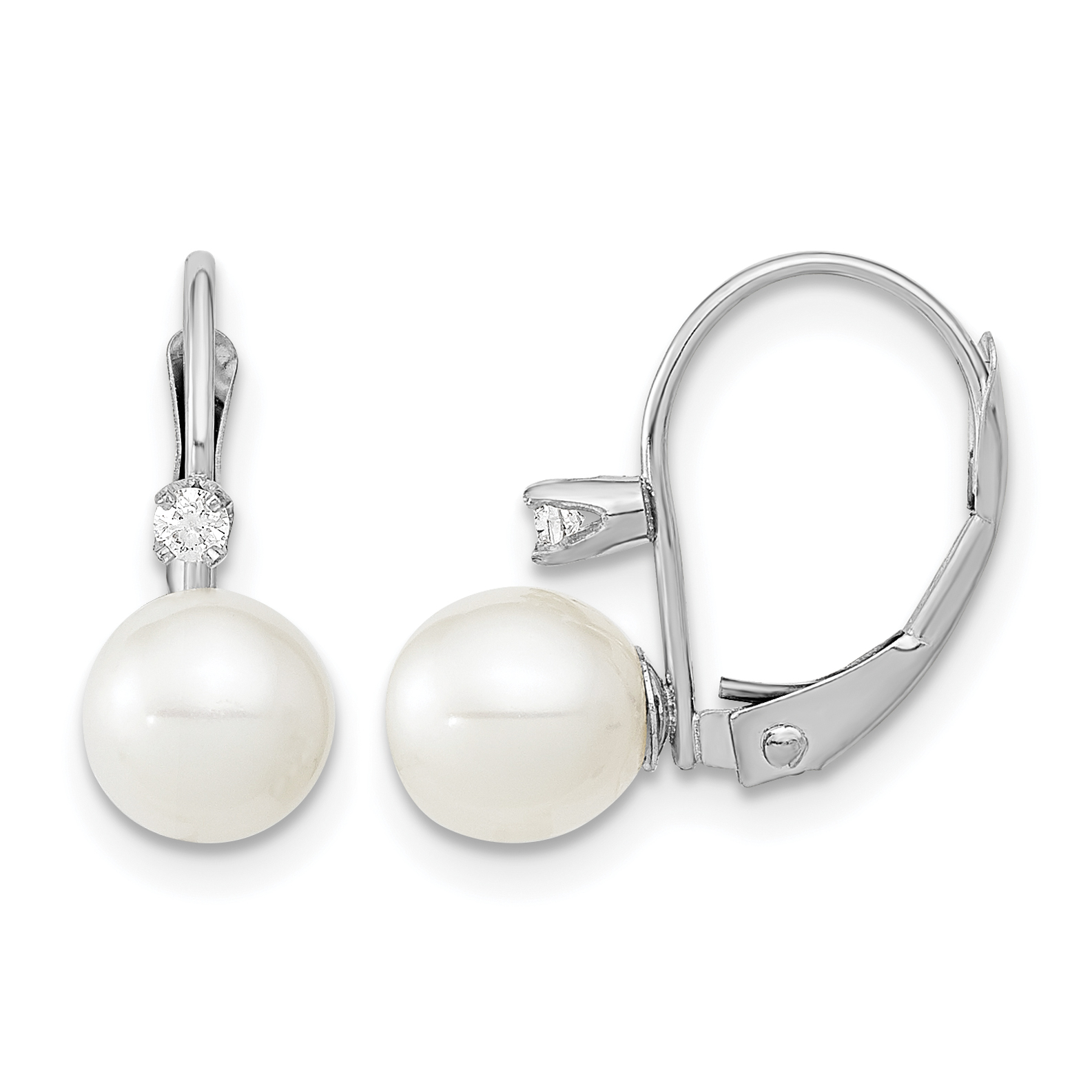 14k White Gold 6-7mm White Round Freshwater Cultured Pearl and .06 Carat Diamond Leverback Earrings (XFW264E)