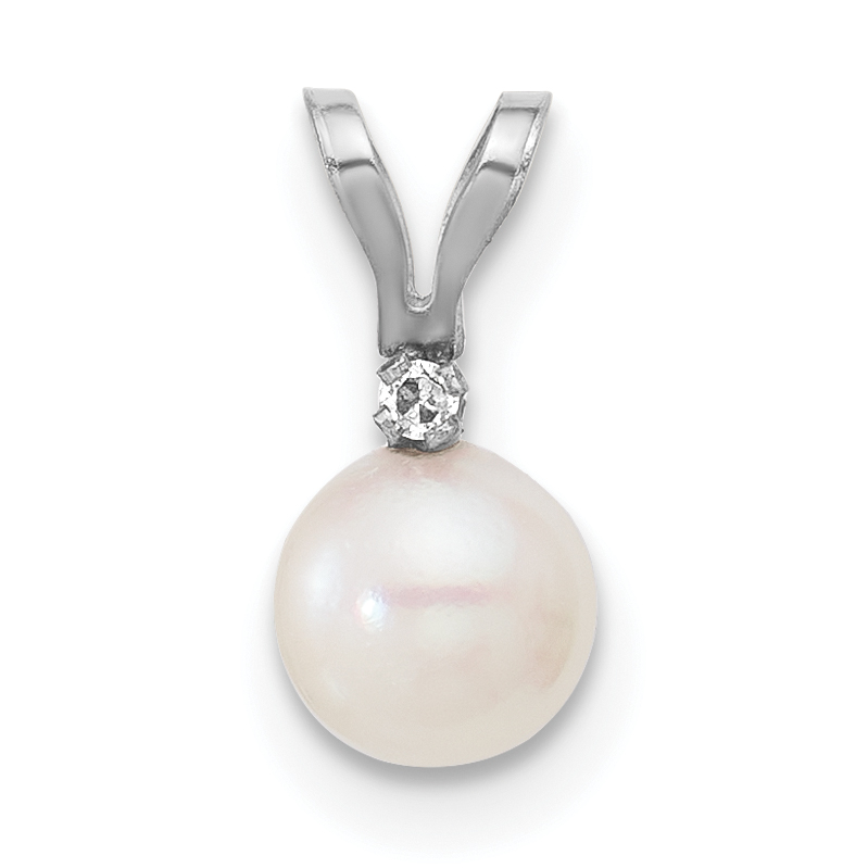 14k White Gold 5-6mm White Round Akoya Saltwater Cultured Pearl and .01 Carat Diamond Pendant (XFW471)