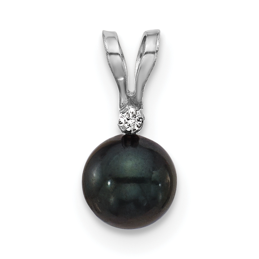 14k White Gold 5-6mm Black Round Akoya Saltwater Cultured Pearl and .01 Carat Diamond Pendant (XFW471B)