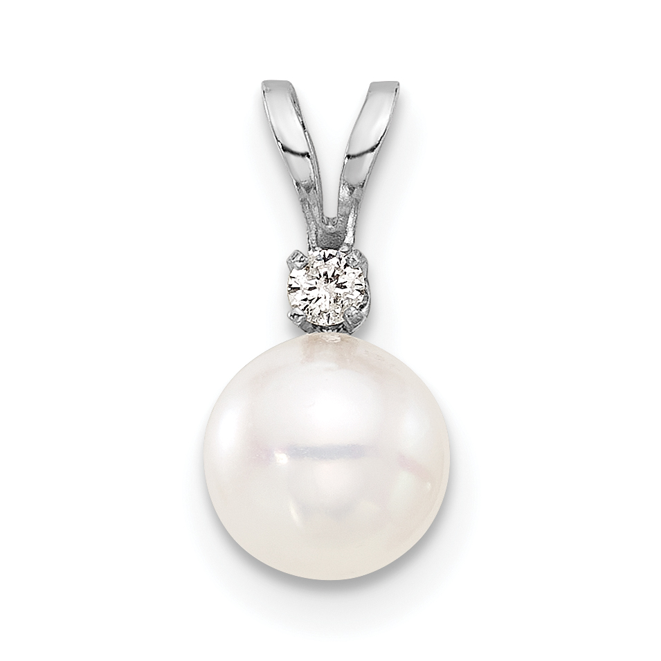 14k White Gold 6-7mm White Round Akoya Saltwater Pearl and .03 Carat Diamond Pendant (XFW473)