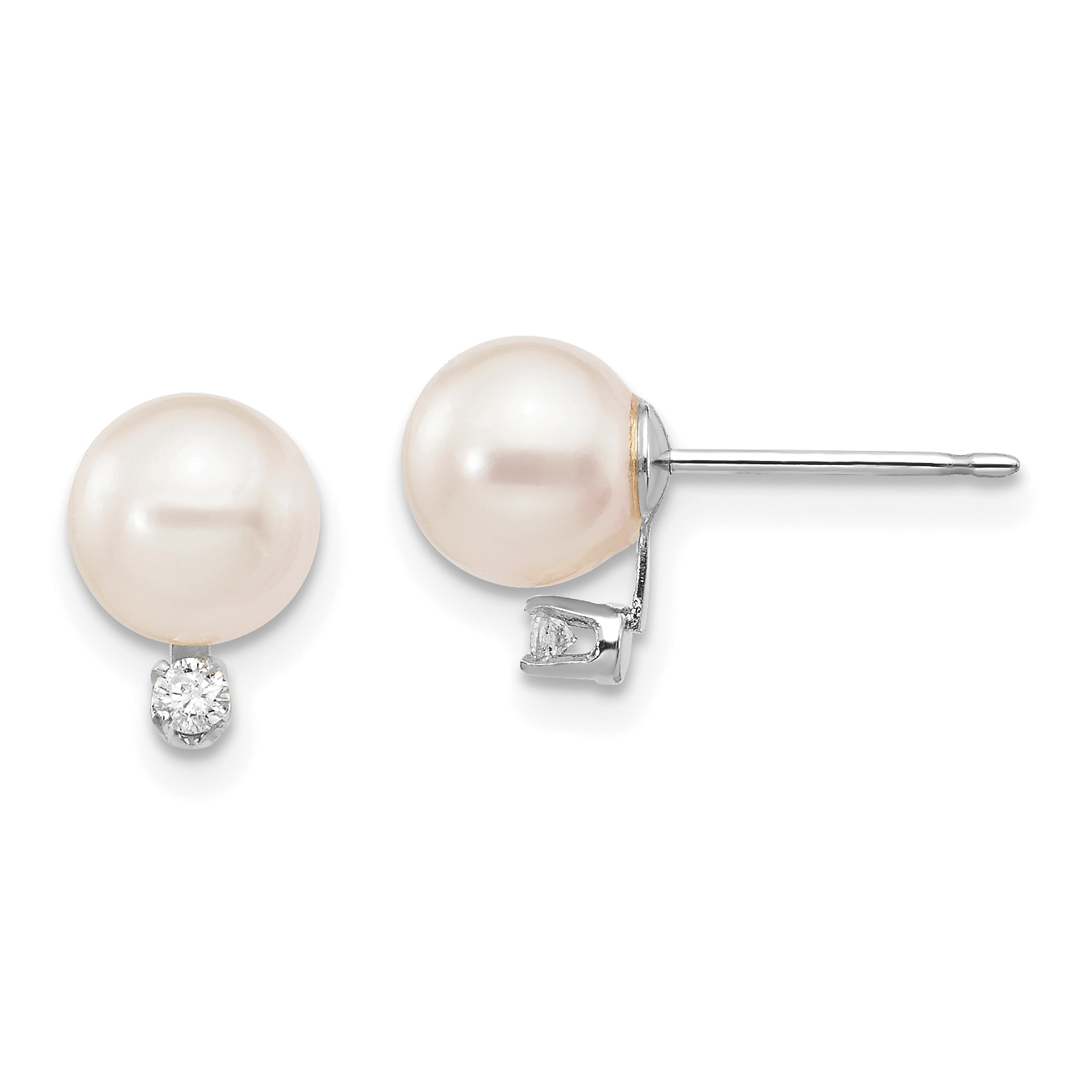 14k White Gold 6-7mm White Round Akoya Saltwater Cultured Pearl and .06 Carat Diamond Post Earrings (XFW474E)