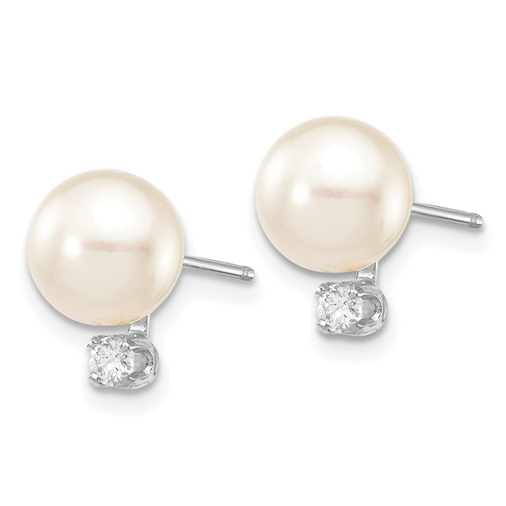 14k White Gold 7-8mm White Round Akoya Saltwater Cultured Pearl and .10 Carat Diamond Post Earrings (XFW475E)