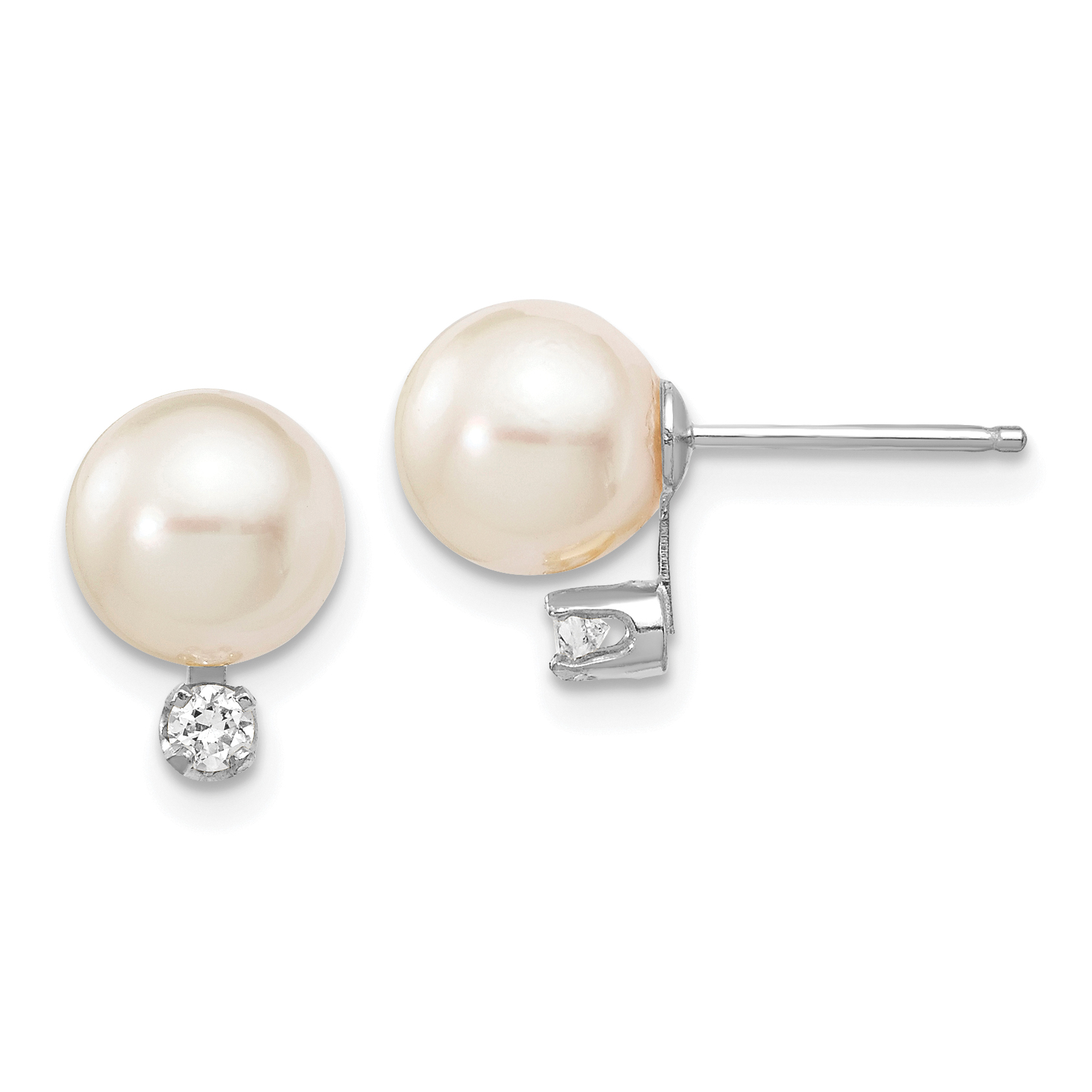 14k White Gold 7-8mm White Round Akoya Saltwater Cultured Pearl and .10 Carat Diamond Post Earrings (XFW475E)
