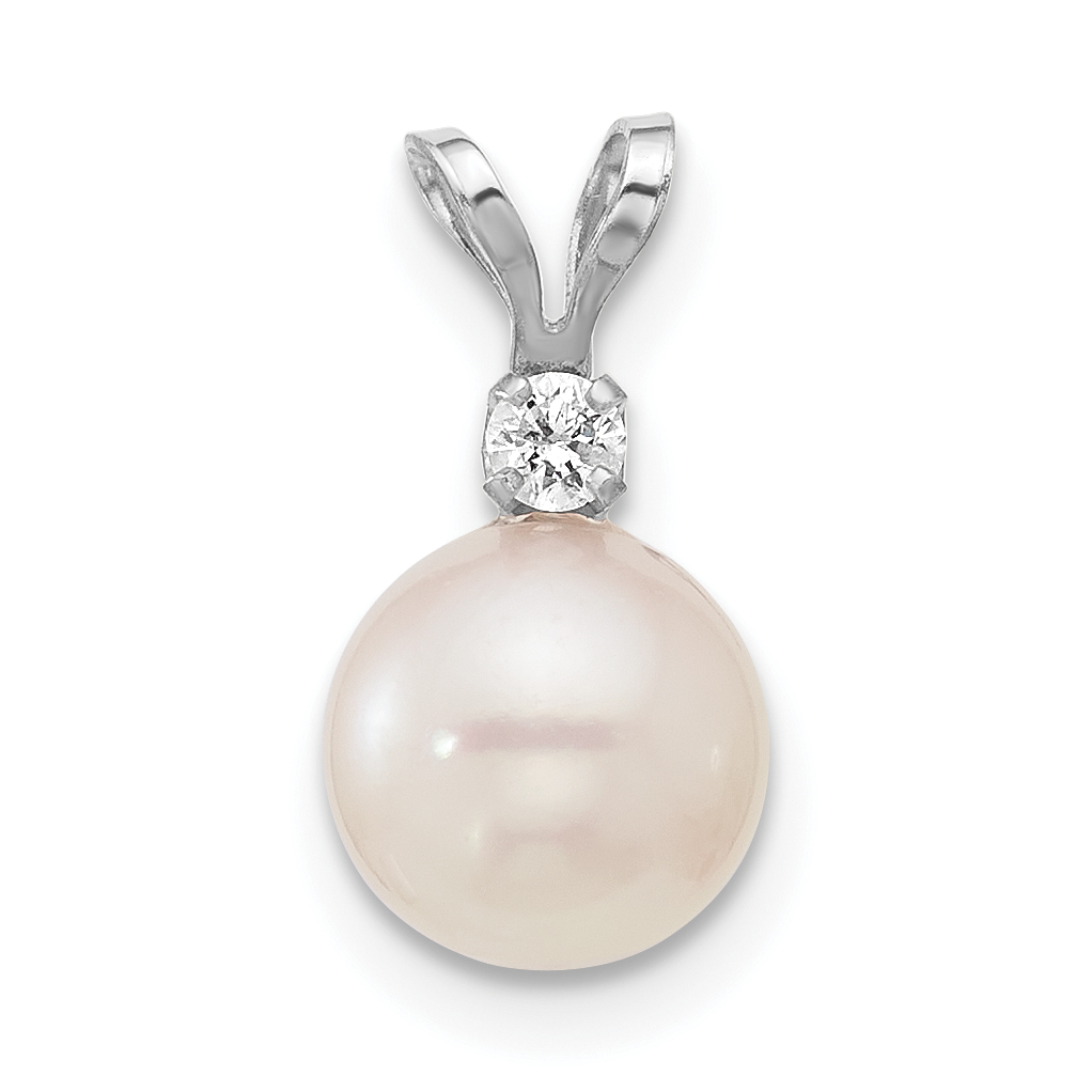 14k White Gold 7-8mm White Round Akoya Saltwater Cultured Pearl and .05 Carat Diamond Pendant (XFW476)