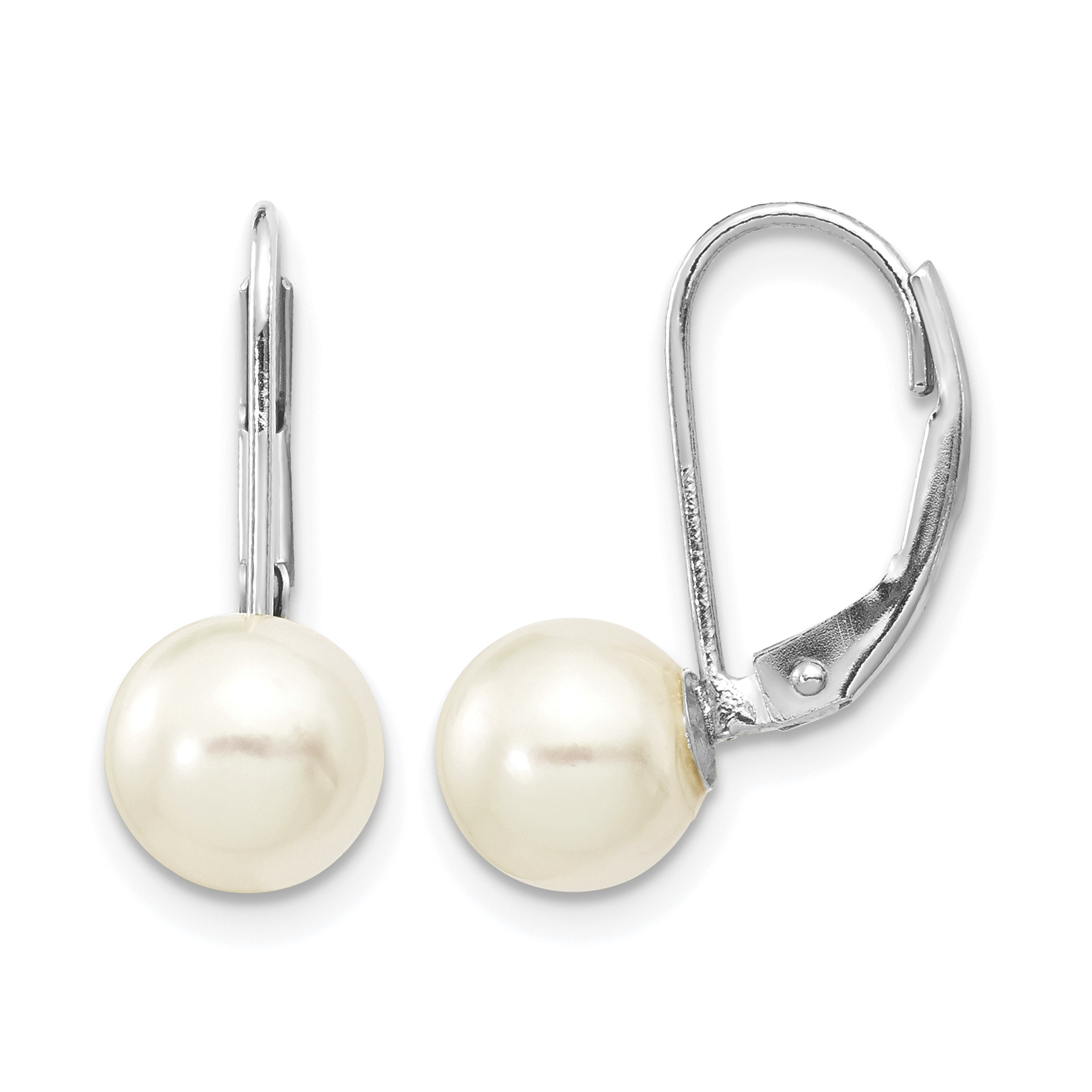 14k White Gold 7-8mm White Round Akoya Saltwater Cultured Pearl Leverback Earrings (XFW481E)