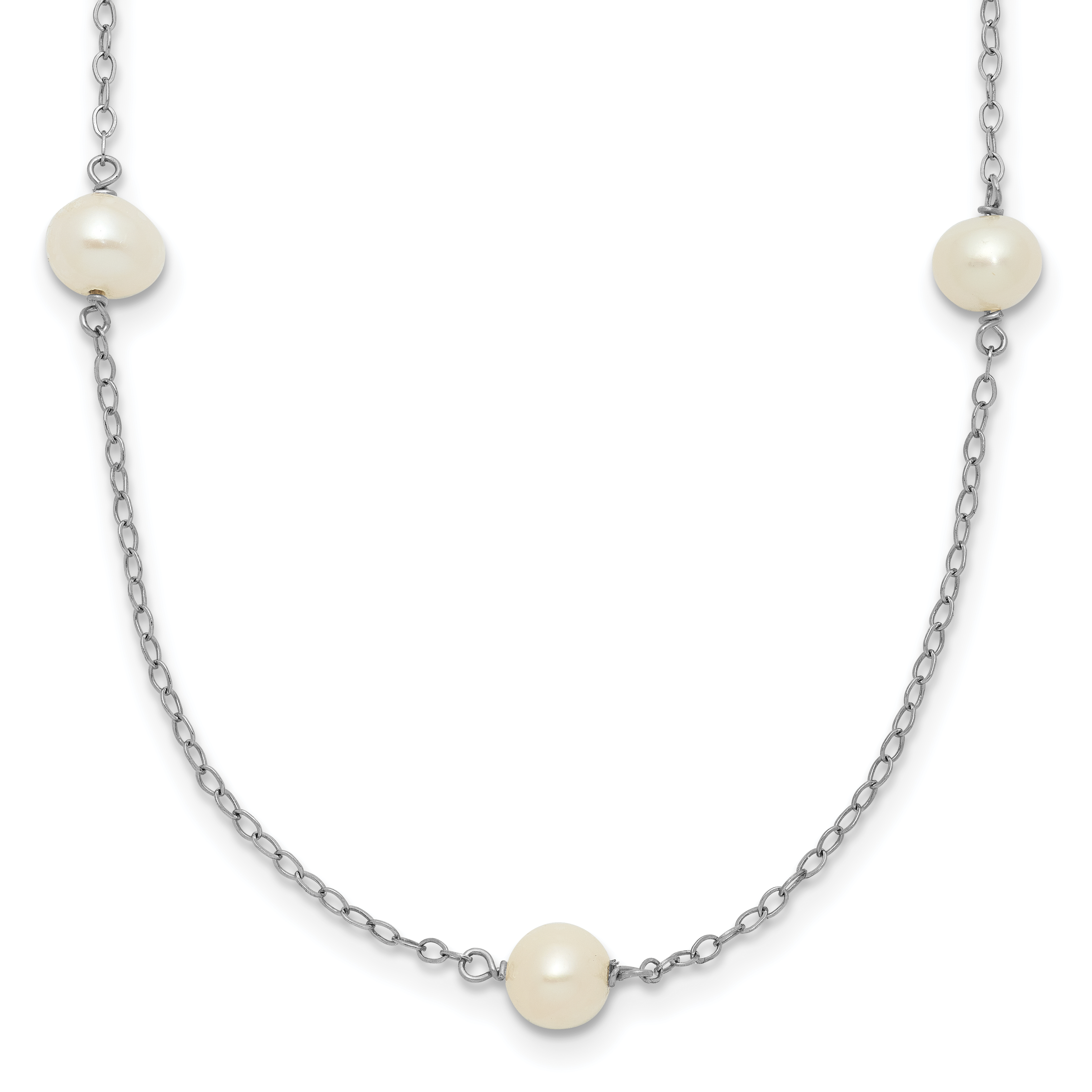 14k White Gold 5-6mm White Round Freshwater Cultured Pearl 7-Station 16 inch Necklace (XFW555W-16)