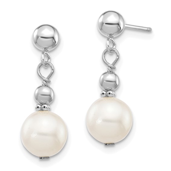 14k White Gold 7-8mm White Semi-round Freshwater Cultured Pearl Post Dangle Earrings