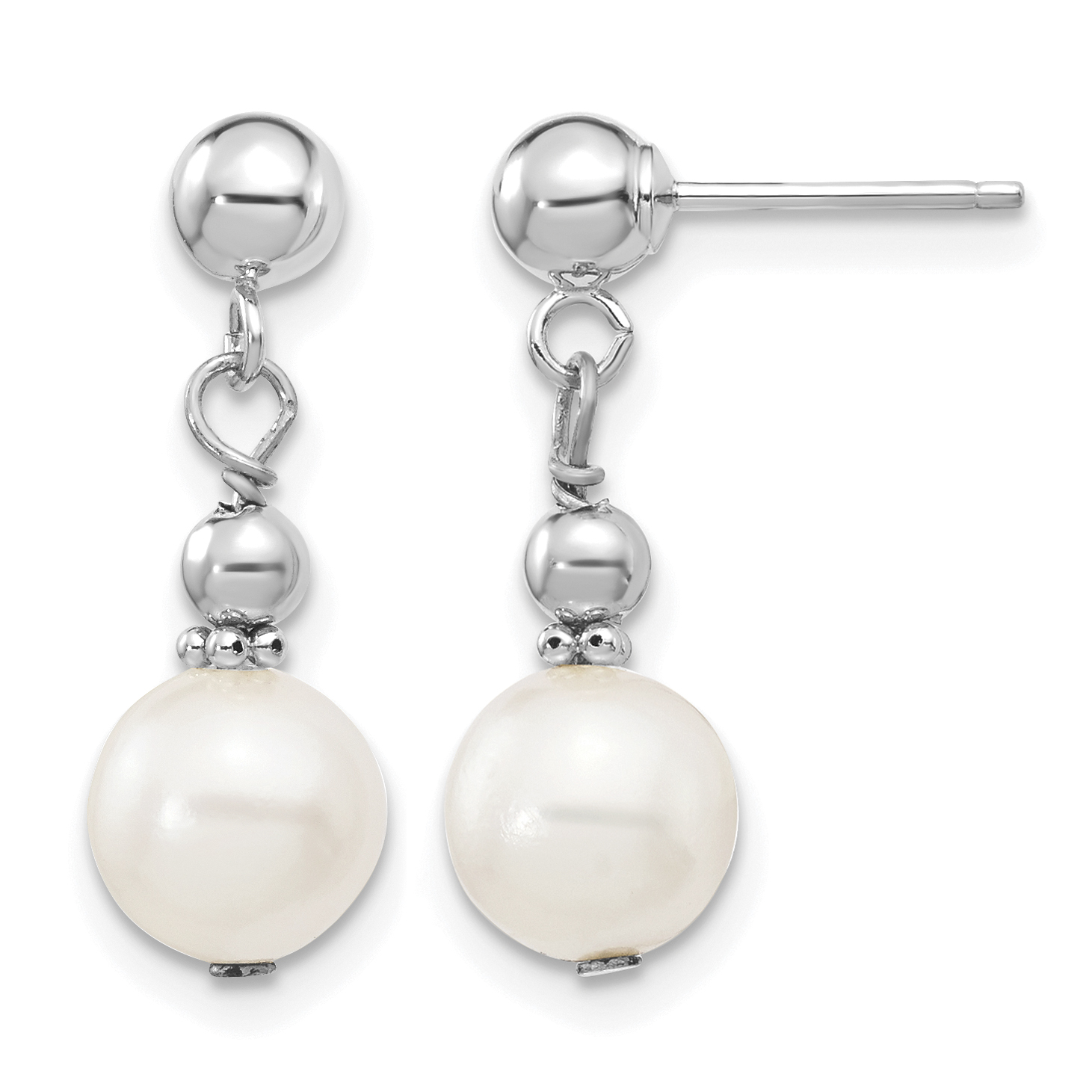 14k White Gold 7-8mm White Semi-round Freshwater Cultured Pearl Post Dangle Earrings (XFW564)